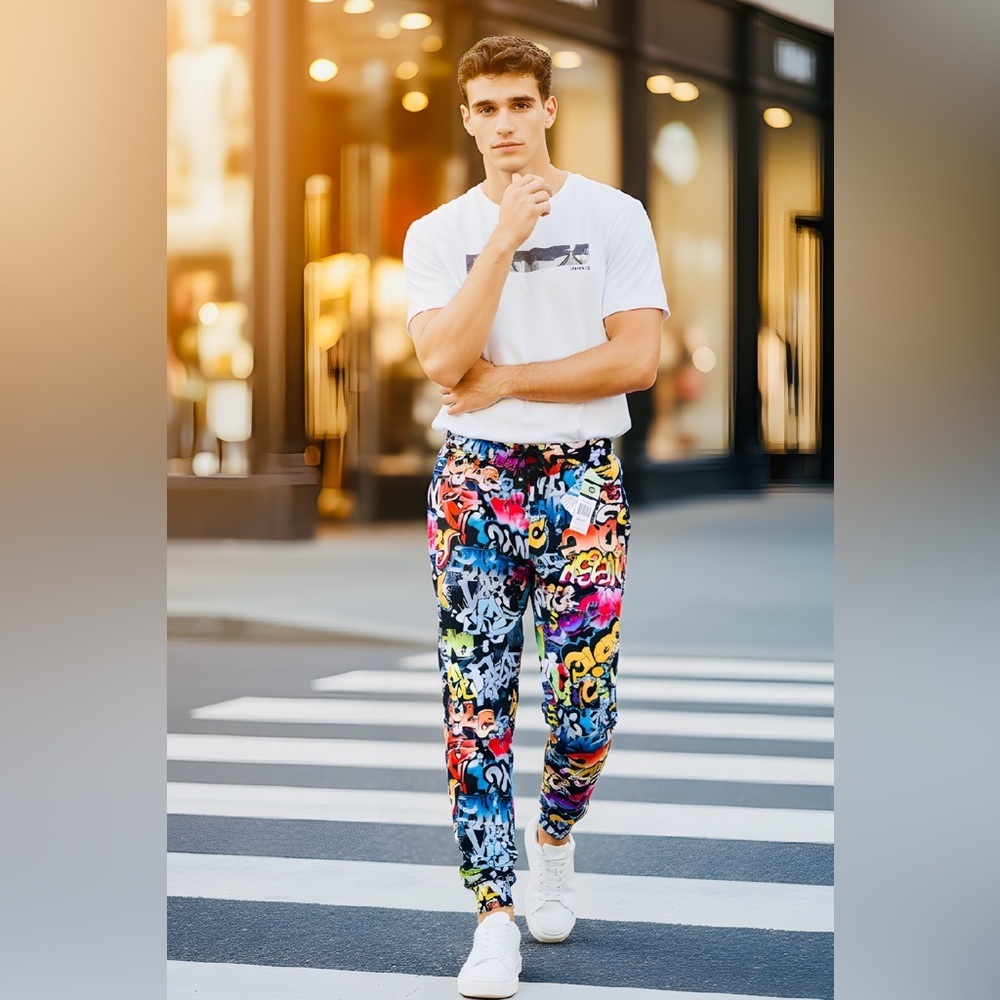 Fresh Prints of Bel-Air SZ S OR L multicolored graffiti print jogger w/pockets